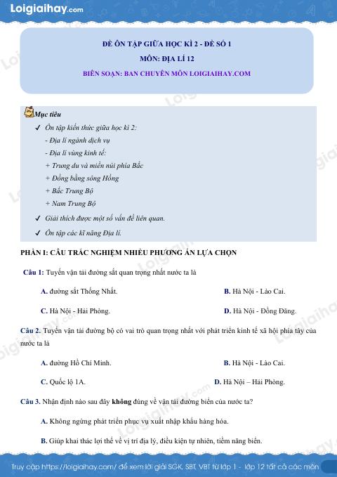 Đề kiểm giữa học kì 2 Địa lí 12 - Đề số 1